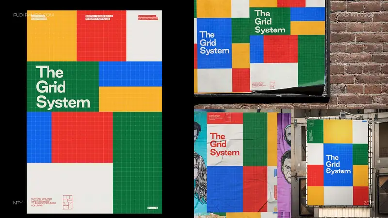 Posters made of red, blue, green and yellow grid blocks titled The Grid System