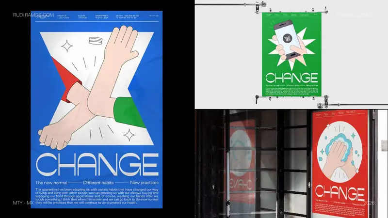 Blue poster with clasped hands and the word Change