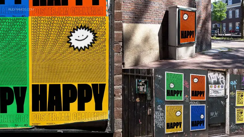 Yellow and green posters with large black type reading Happy