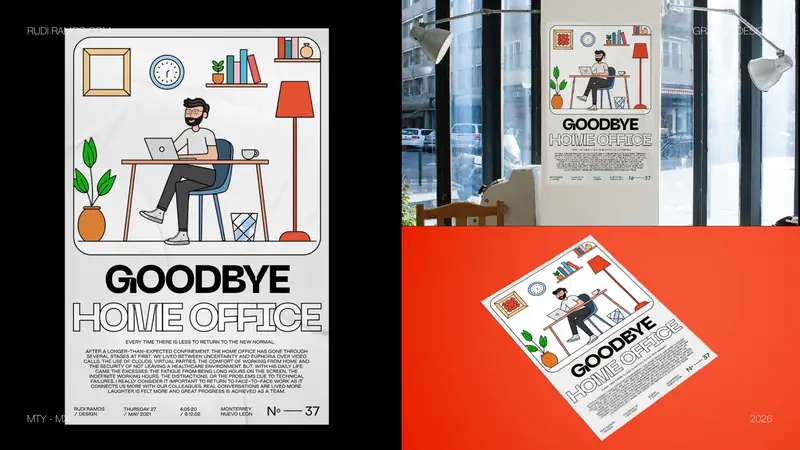 Illustrated poster of a man at a desk with the words Goodbye home office
