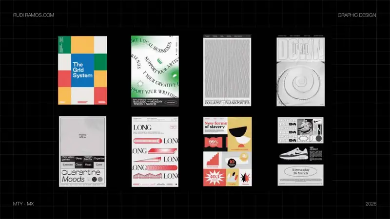 Grid of animated poster frames in color and black and white