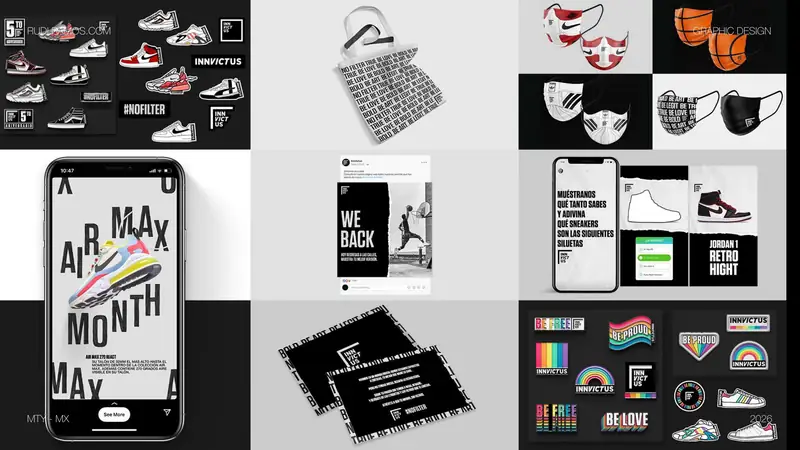 Black and white sneaker campaign with phone screens, totes and stickers